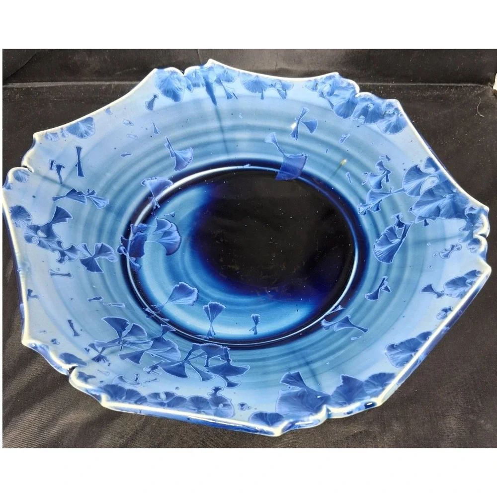 Studio Pottery Crystalline Glaze Blue Scalloped Octagon Plate Signed 9.25 Inch